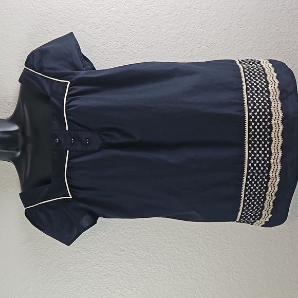 LOFT Tops - Loft | Women's Dark Navy Pull-On Cotton Short Sleeves Embroidered Top Sz 810